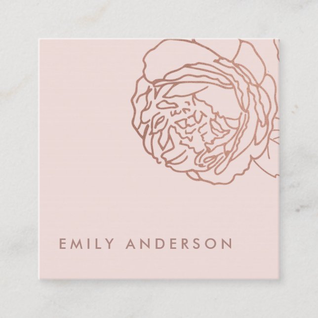 CARTÃO DE VISITA QUADRADO FAUX BLUSH PINK SIMPLES ELEGANTE ROSE FLORAL DOURA (Frente)