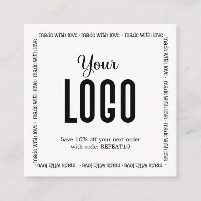 Cartão De Visita Quadrado Feita com Amor Ordem Personalizada Obrigado (Frente)