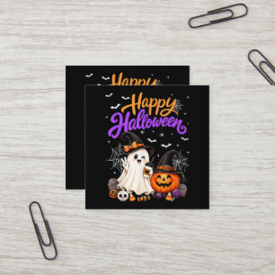 Cartão De Visita Quadrado Feliz Dia das Bruxas Fantasma Fofa Abóbora Assusta