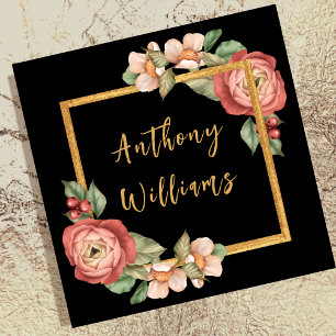 Cartão De Visita Quadrado Feminina Vintage Borda Dourada Floral Rosa
