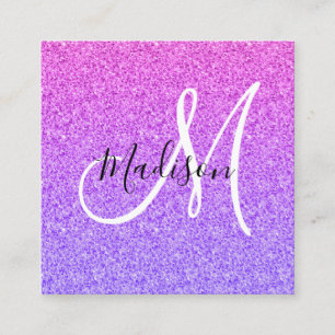Cartão De Visita Quadrado Feminino & Glam Lilás Roxo Glitter Ombre Monograma