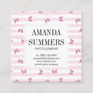 Cartão De Visita Quadrado Fitas Rosa Borboletas De Glitter Elegantes