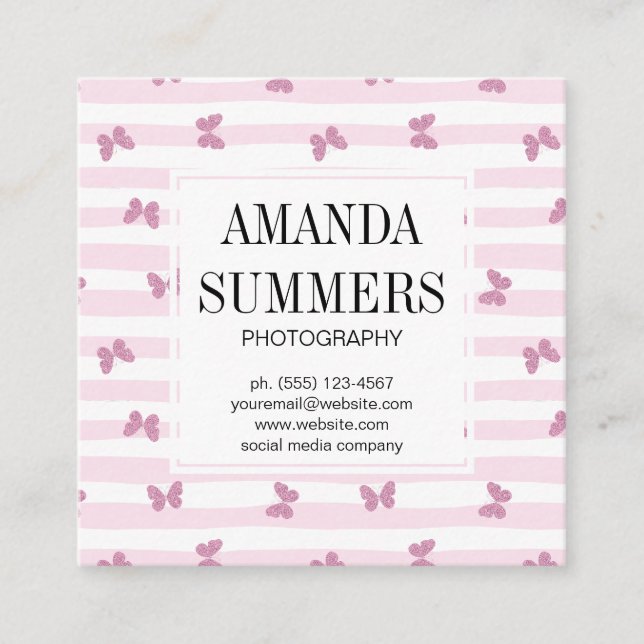 Cartão De Visita Quadrado Fitas Rosa | Borboletas De Glitter Elegantes (Frente)