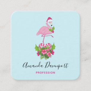 Cartão De Visita Quadrado Flamingo cor-de-rosa no Natal Whimsso de Santa Hat
