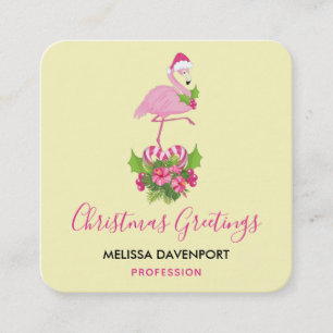 Cartão De Visita Quadrado Flamingo cor-de-rosa no Natal Whimsso de Santa Hat