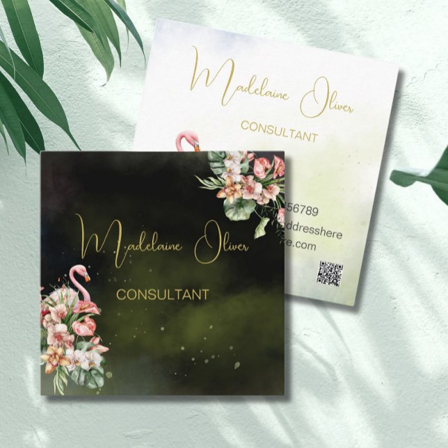 Cartão De Visita Quadrado Flamingo Tropical Botânica Florista Negro QR (Criador carregado)