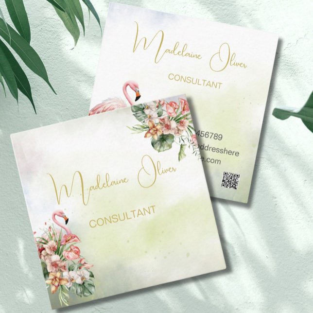 Cartão De Visita Quadrado Flamingo Tropical Botânica Moderna Florista QR (Criador carregado)