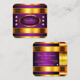Cartão De Visita Quadrado Flashy Dourado e Roxo com Rinestonas Luminosas