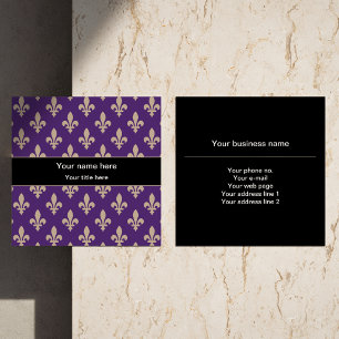 Cartão De Visita Quadrado Fleur de Lis Pattern, Francês, Real, Creme, Roxo