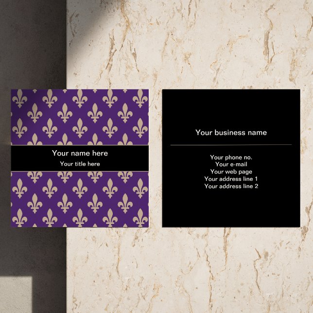 Cartão De Visita Quadrado Fleur de Lis Pattern, Francês, Real, Creme, Roxo (Criador carregado)