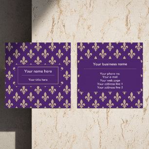 Cartão De Visita Quadrado Fleur de Lis Pattern, Francês, Real, Creme, Roxo