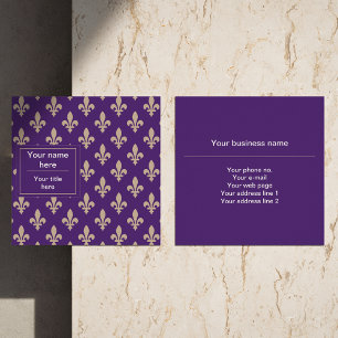 Cartão De Visita Quadrado Fleur de Lis Pattern, Francês, Real, Creme, Roxo