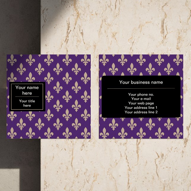 Cartão De Visita Quadrado Fleur de Lis Pattern, Francês, Real, Creme, Roxo (Criador carregado)