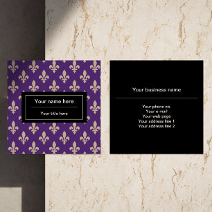 Cartão De Visita Quadrado Fleur de Lis Pattern, Francês, Real, Creme, Roxo