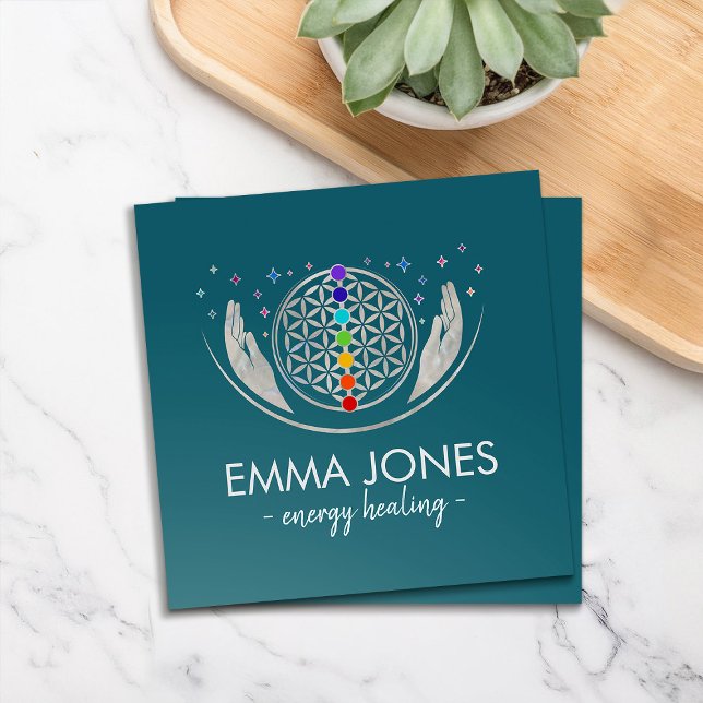 Cartão De Visita Quadrado Flor da vida, mãos cicatrizantes, chakras (Criador carregado)