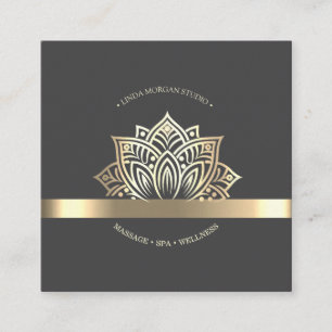 Cartão De Visita Quadrado Flor de Lótus Cinza Dourado Chic