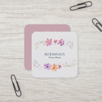 Cartão De Visita Quadrado Floral Botânico, Cor de Água, Cor-de-rosa sofistic