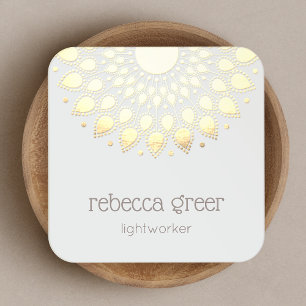 Cartão De Visita Quadrado Floral Dourado Amarelo Lotus Mandala Healer Energ