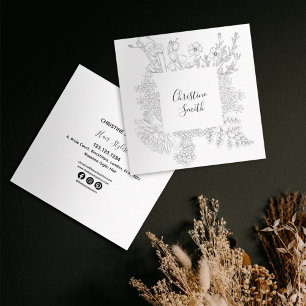 Cartão De Visita Quadrado Floral Elegante De Preto Chic E Flores De Inte