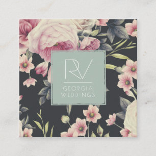 Cartão De Visita Quadrado Floral Escuro Vintage em Preto   Monograma
