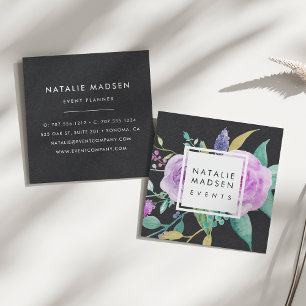 Cartão De Visita Quadrado Floral Violeta Pintado Preto