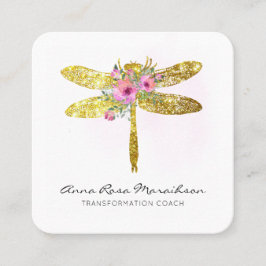 Cartão De Visita Quadrado *~* Floral Watercolor Dourada Glitter Dragonfly Sq