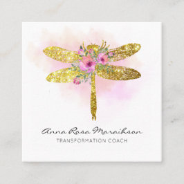 Cartão De Visita Quadrado *~* Floral Watercolor Dourada Pink Dragonfly 