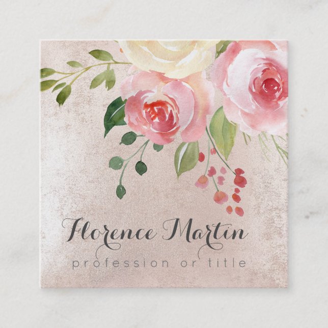 Cartão De Visita Quadrado flores aquarelas a rosa (Frente)