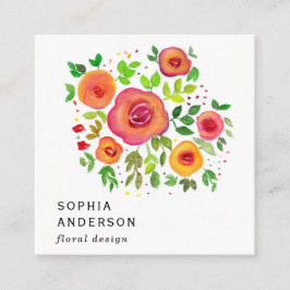 Cartão De Visita Quadrado Flores Brilhantes Buquê Floral, Pintura Por Aquare