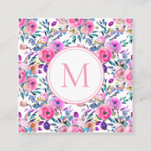 Cartão De Visita Quadrado Flores de Aquarela de Monograma Rosa