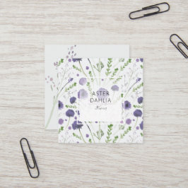 Cartão De Visita Quadrado Flores de Aquarela Verde Roxo Elegante