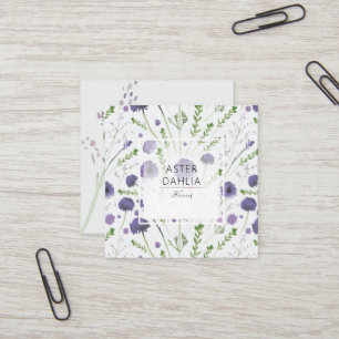 Cartão De Visita Quadrado Flores de Aquarela Verde Roxo Elegante