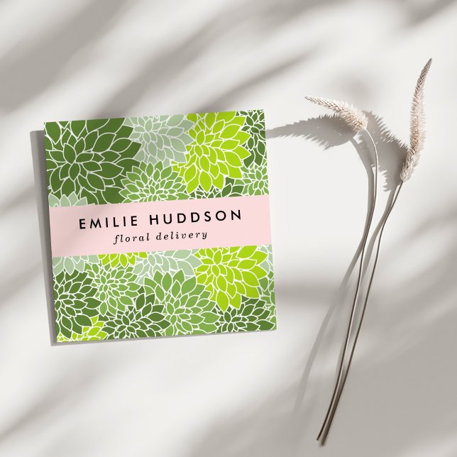 Cartão De Visita Quadrado Flores de Dália Verde, Florificação, Compro Flor (Criador carregado)