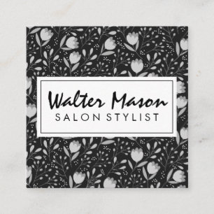 Cartão De Visita Quadrado Flores e Folhas Padrão Decorativo