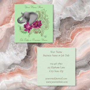 Cartão De Visita Quadrado Flores Elefantes Henna Lotus