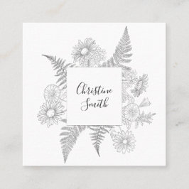 Cartão De Visita Quadrado Flores Pretas e Brancas Florais Elegantes