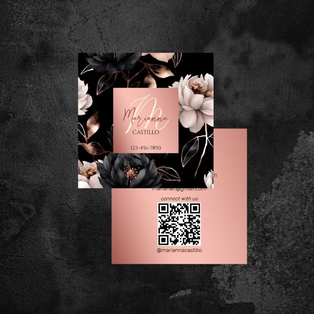 Cartão De Visita Quadrado Flores quic rosa a preto modelo a qr (Black rose gold chic flowers template qr square business card floral modern makeup artist stylist)