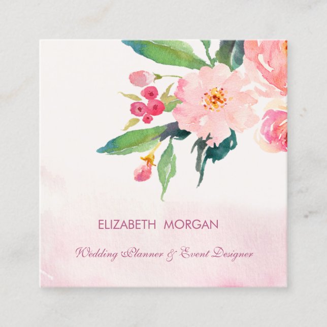 Cartão De Visita Quadrado Flores Românticas de Aquarela Modernas Elegantes (Frente)