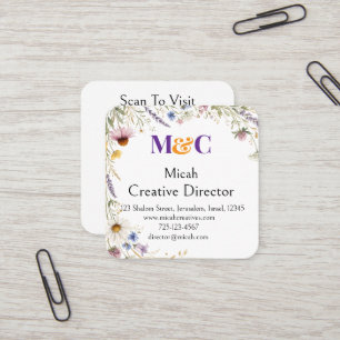 Cartão De Visita Quadrado Flores Silvestres Floral Botânico Aquarela, Folhag
