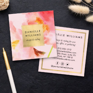 Cartão De Visita Quadrado Florestas cor-de-água luxo rosa com quadro Dourado