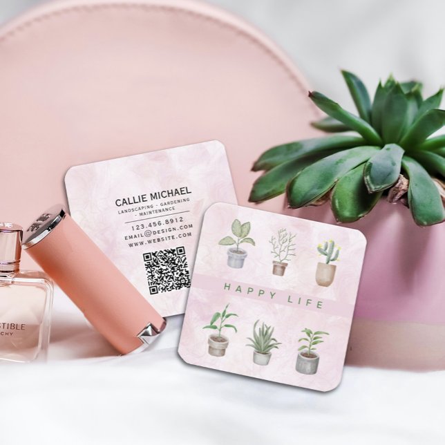 Cartão De Visita Quadrado Florestas Verdes Felizes (Watercolor Pink and Green Potted Plant Business Card, #nurseries, #eventplanners#illustrators)