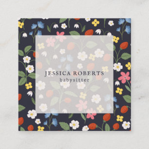 Cartão De Visita Quadrado Folha de marinho de Morango de Babysitter