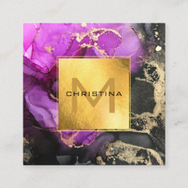 Cartão De Visita Quadrado Folha de Ouro Elegante, Preto e Roxo Eetéreo