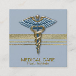 Cartão De Visita Quadrado Folha de Ouro Médica Stripes Caduceus Azul Claro