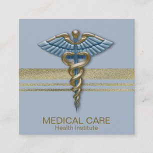 Cartão De Visita Quadrado Folha de Ouro Médica Stripes Caduceus Azul Claro