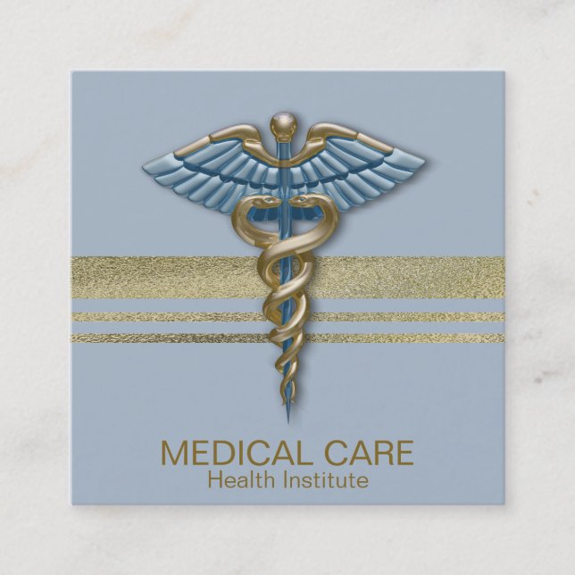 Cartão De Visita Quadrado Folha de Ouro Médica Stripes Caduceus Azul Claro (Frente)