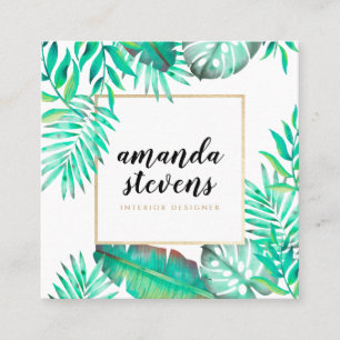 Cartão De Visita Quadrado Folhas tropicais do verde da aguarela chique do