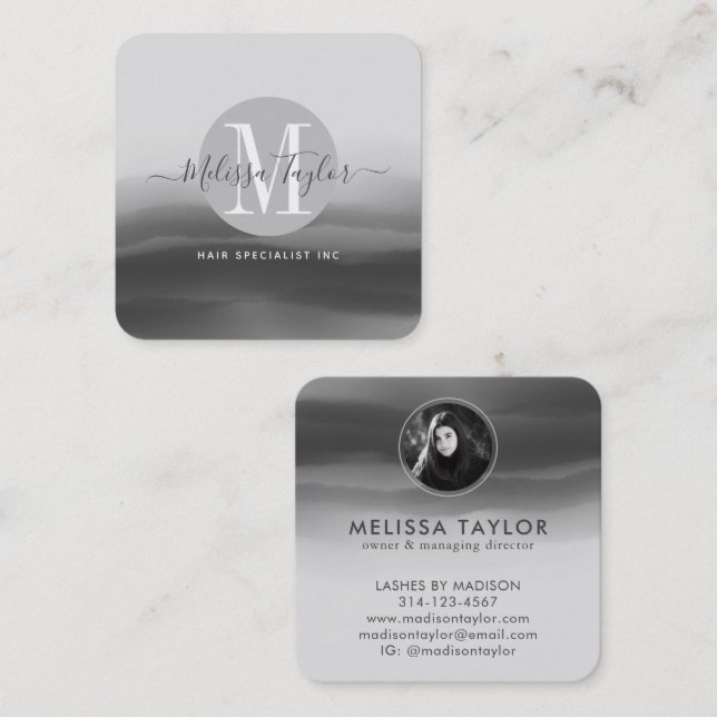 Cartão De Visita Quadrado Foto de assinatura de Abstrato de tinta preta prof (Frente/Verso)