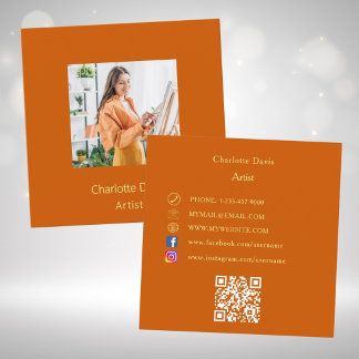 Cartão De Visita Quadrado Foto laranja queimada Código QR mídia social