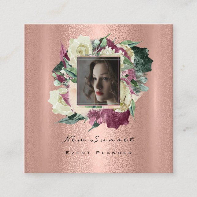Cartão De Visita Quadrado Foto: Makeup Artist Wedst Event Floral Rosa Dourad (Frente)